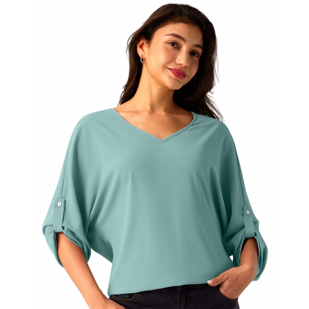 Wrinkle Recovery V Neck Work Blouse trellis green button up long sleeve NWT Med